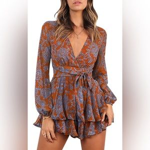 Orange and Blue Long Sleeve Women’s Jumpsuit Romper with Zipper, Size Small